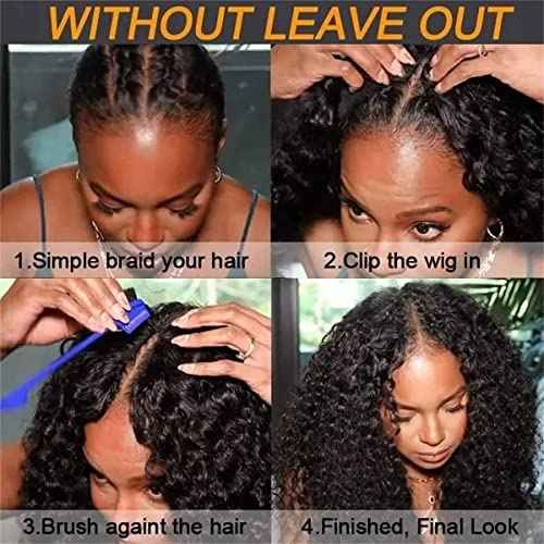 Curly V Part Wig Human Hair Brazilian Virgin Human Hair Wigs for Black Women Upgrade U Part Wigs Glueless Full Head Clip In Half Wig No Leave Out 180% Density Natural Black 20 Inch