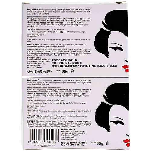 Kojie San Face & Body Shower Set - The Original Kojic Acid, Dark Spot Remover Bar Soap with Coconut & Tea Tree Oil – 65g x 8 Bars with Leafa Soap Net, Brush and Soap Dish
