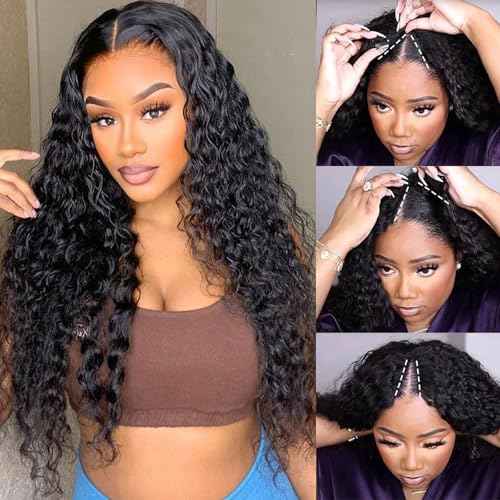 V Part Wigs Human Hair Deep Wave Upgrade Glueless Human Hair 20 Inch V-Part Kinky Curly Clip in Wigs No Leave Out, No Glue, No Sew-in, Beginner Friendly