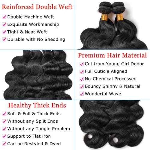 16A Human Hair Bundles 12 14 16 18 Inch Body Wave Bundles Human Hair 400g Brazilian Virgin Body Wave 4 Pieces Deals Brazilian Quick Weave Extensions Wet and Wavy Extensions Natural Black
