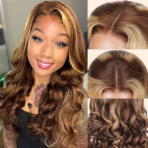 Highlight Ombre 5x5 Pre Plucked Pre Cut Lace Front Wigs Human Hair 4/27 Colored Bouncy Body Wave Lace Frontal Wig Honey Blonde Ombre Glueless 5x5 HD Lace Closure Wigs for Women 180 Density 22 Inch