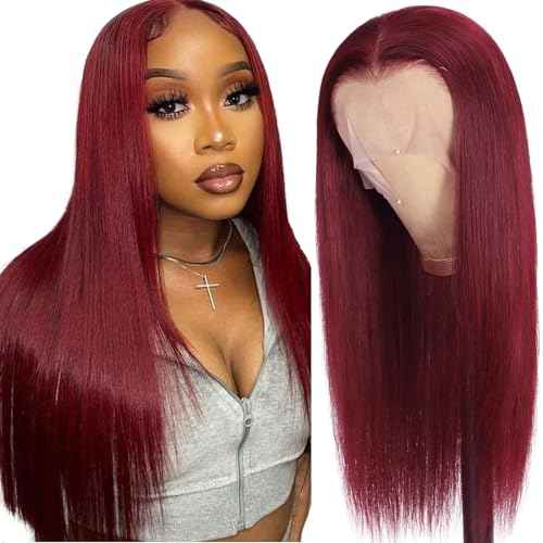 99J Burgundy Lace Front Wigs Human Hair 13x6.5 HD Burgundy Colored 250% Density Glueless Straight Wigs Human Hair Pre Plucked with Baby Hair (20 inch)