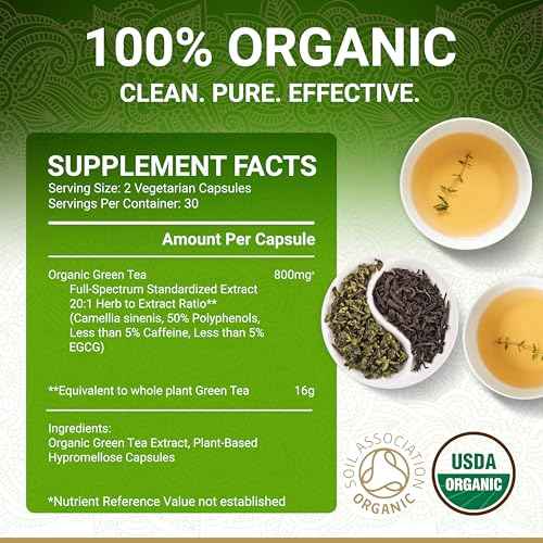 Organic Green Tea Extract Capsules – USDA Organic Certified | 60 Green Tea Capsules | Green Tea Pills | EGCG Green Tea Extract | 50% Polyphenols EGCG Supplements