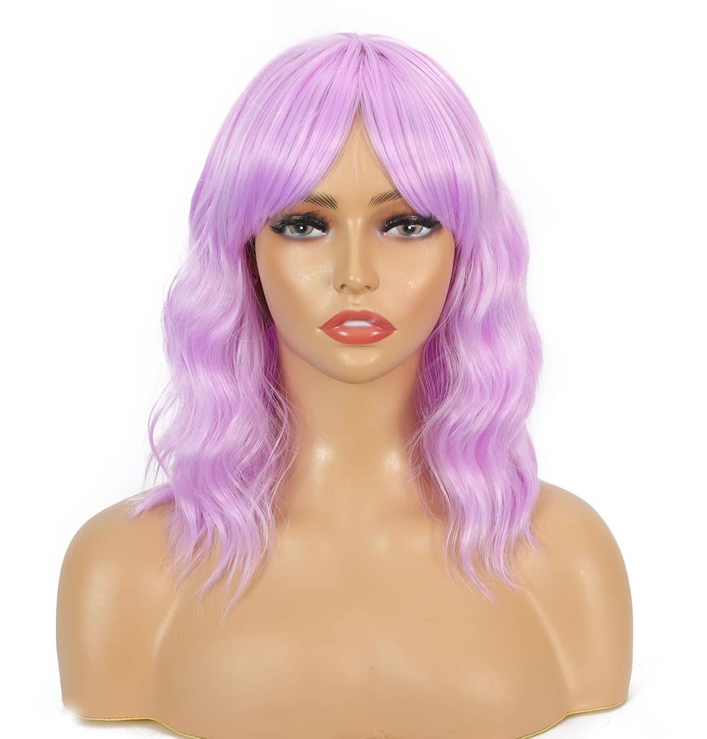 Sharebeauty Synthetic Bob Wig for Women Natural Wavy Curly Full Wig with Bangs Pinkish Purple