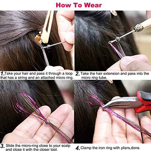 Colorful Hair Tinsel Kit with Tool 6pcs 1200 Strands Glitter Tinsel Hair Extensions Heat Resistant Sparkling Shiny Fairy Hair Accessories for Women Girls Kids 47Inch