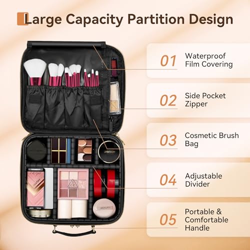 JUSRON Travel Makeup Bag (Dark Black, Medium)