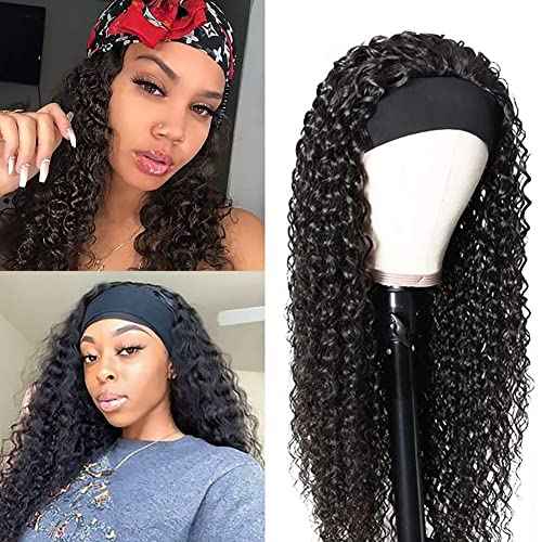 XSY Curly Headband Wig Human Hair Deep Wave Wigs for Black Women Brazilian Virgin Curly Hair No Lace Front Wigs 150% Density 26 Inch Natural Color