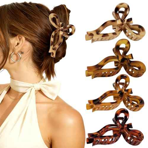 Auseibeely 4 Pcs Bow Claw Clips for Women & Girls, 4.3 Inch Tortoise Shell Cute Bow Hair Clips, Medium Claw Clip for Thick/Thin Hair, Non-Slip Elegant Butterfly Hair Accessories for Christmas Gift