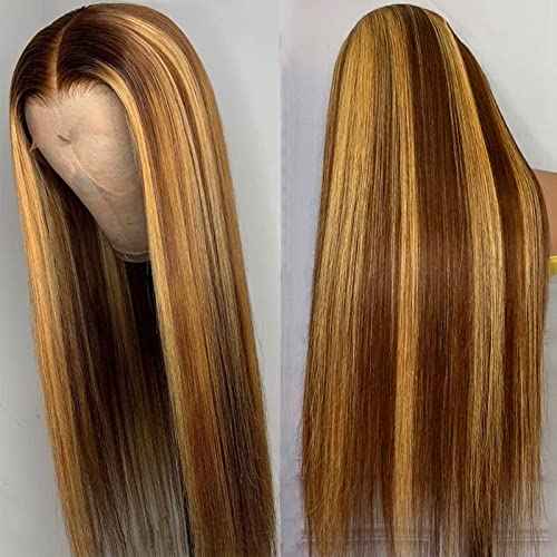 Lemoda Outlet Deals 13x6 Highlight Ombre Lace Front Wig Human Hair 180 Density 24 Inch Straight Transparent Lace Pre Plucked Honey Blonde Human Hair Wigs for Women P4/27 Color