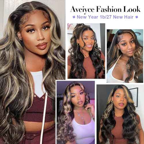 13x6 1b/27 Highlight Ombre Balayage Lace Front Wigs Human Hair Black and Blonde Body Wave HD Transparent Lace Frontal Wig Pre Plucked with Baby Hair for Black Women 180% Density Wig 20 Inch