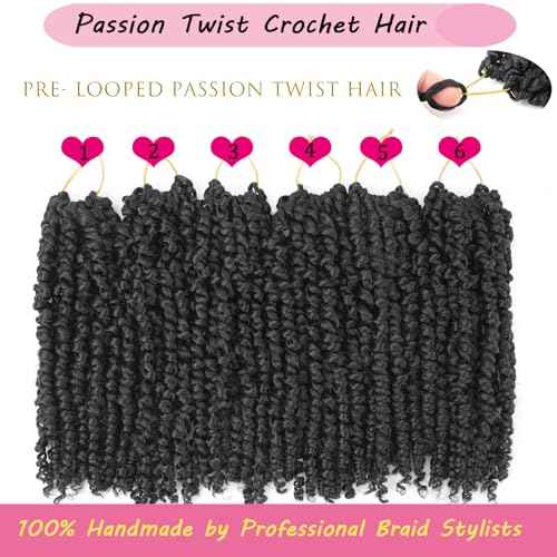 Passion Twist Crochet Hair 10 Inch 6 Packs Pre-Twisted, Pre-Looped, Wavy, Curly, Short Bohemian Crochet Braids Hair for Black Women, Kids & Girls (10 Inch,1B)