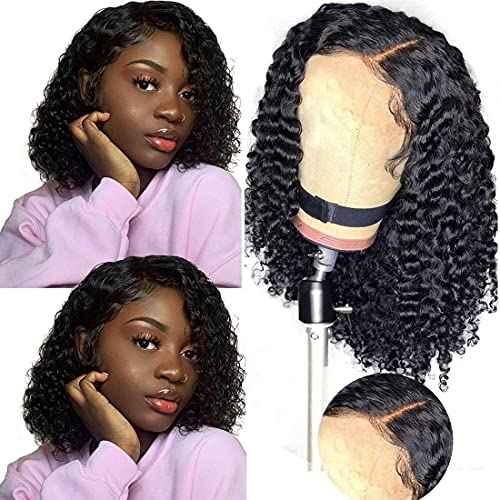 Curly Human Hair Wigs Brazilian Virgin Hair 150% Density Glueless Lace Front 4x4 Closure Wig for Women Natural Color 16 inch