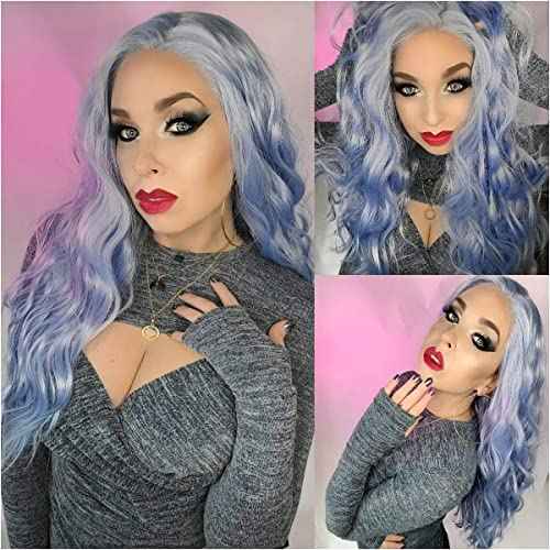 SAPPHIREWIGS Blue Wavy 13¡¿4 Lace Front Wig Long Hair Ice Blue Wigs for Women Heat Resistant Hair Daily Use Cosplay Party Halloween Wig 24inch