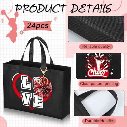 Landical 72 Pcs Cheerleading Gifts 24 Cheer Bags Portable 24 Pom Pom Keychain 24 Cheerleading Bracelet Canvas Cheerleading Makeup Bag Bulk Cheer Gifts Female Teammates Toiletries Accessories(Red)