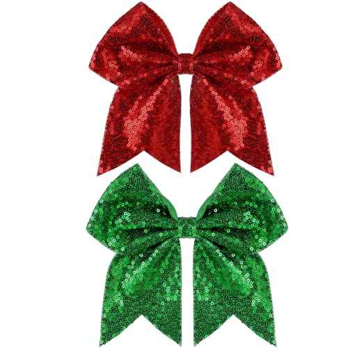 Large Big 7 Inch Glitter Bow Clip Sequin Bling Party Hair Accessories for Women Teens Girls Kids 2 Pcs (Red, Christmas Green)