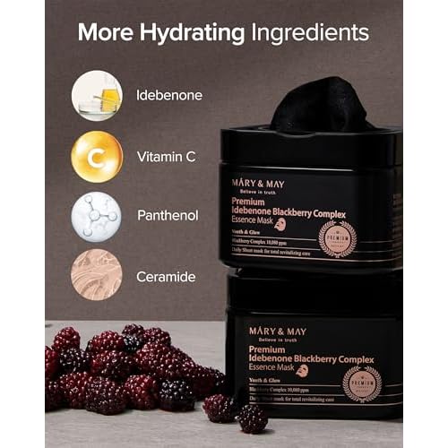 Mary&May Premium Idebenone Blackberry Complex Essence Mask - Quick Dispenser Type Anti Aging Korean Face Mask Sheet - Vitamin C, Panthenol, and Ceramide for Moisturizing and Radiant Skin, 20 Sheets