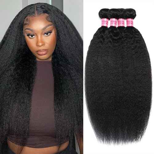 4 Bundles Kinky Straight 18 20 22 24 Inch Human Hair Yaki Straight Bundles 100% Unprocessed Weave Raw Hair 12A Brazilian Virgin Kinkystraight Natural Color Hair Extensions