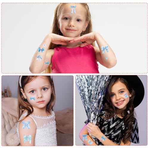 Blue Bow Temporary Tattoos - 200+ Blue Coquete Birthday Decorations Bow Themed Party Favors Ribbon Tattoo Stickers Gifts Wedding Birthday Bridal Shower Supplies Prizes Rewards for Girl Women