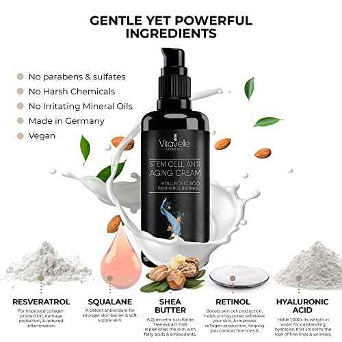 VITAVELLE Stem Cell Face Cream - Hyaluronic Acid, Shea Butter & Jojoba - Anti-Wrinkle, Hydrating Moisturizer for Smooth Skin