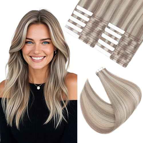Elailite Tape in Hair Extensions Human Hair Thick Real Remy Hairpieces Ash Blonde & Bleach Blonde 22 Inch 50g 20pcs Straight Invisible Seamless Skin Weft Best Tape for Women