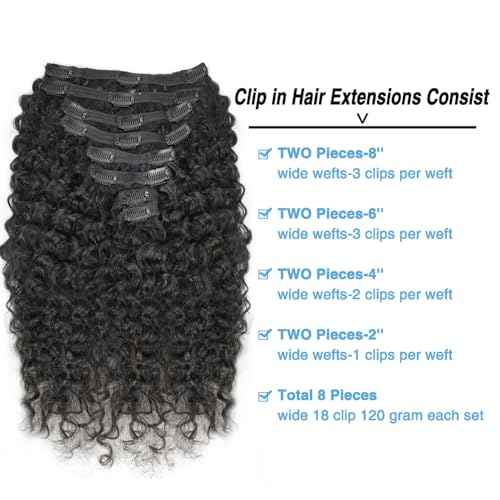 Burmese Curly Clip in Hair Extensions Real Human Hair 8Pcs Brazilian Human Hair Clip ins for Black Women With 18Clips 120g 22inch #1B Natural Black