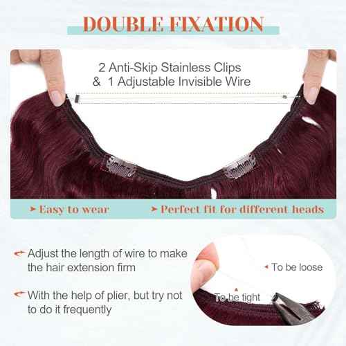 Benehair Invisible Wire Hair Extensions Real Human Hair Red for Women Hairpieces with Invisible Secret Wire Adjustable Wire Replacement Wine Red Hair Extension 20inch for Thinning Hair #99J