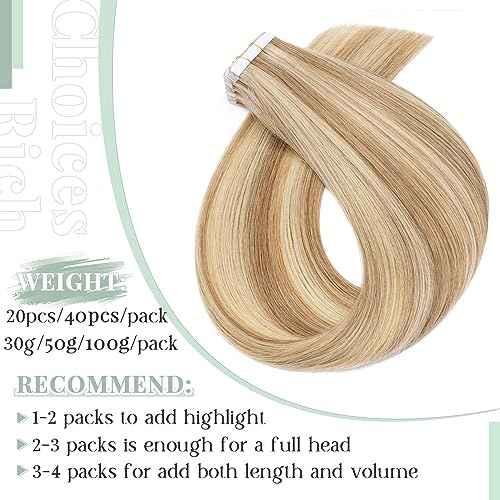 Rich Choices Tape in Hair Extensions Human Hair, 40pcs 100g 100% Remy Tape Hair Extensions Real Human Hair,Seamless Tape in Hair Extension 18 Inch #12P613 Golden Brown Highlighted Bleach Blonde