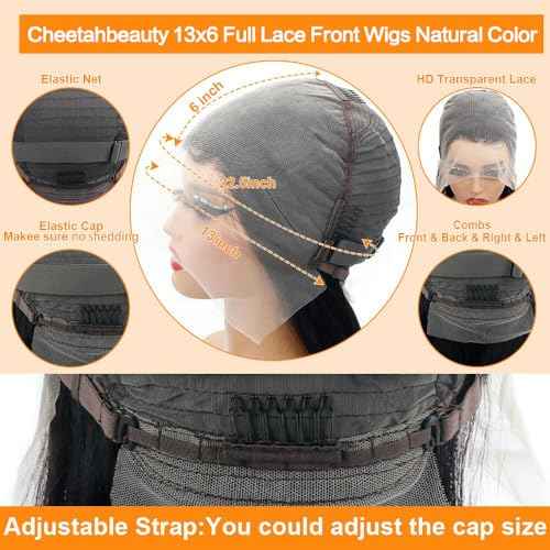 CHEETAHBEAUTY 13x6 Lace Front Wigs Human Hair 16Inch HD Transparent Lace Frontal Wigs 220% Density Brazilian Virgin Straight Human Hair Wigs for Women Pre Plucked with Baby Hair Natural Color