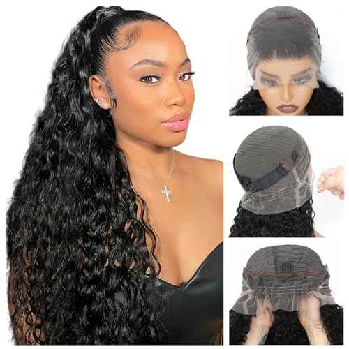 Deep Wave 360 Lace Front Wigs Human Hair Full Lace Glueless Wigs For Black Women 360 Drawstring Wig Human Hair Pre Plucked With Natural Hairline 360 Deep Curly Wig Full Lace (20 Inch)