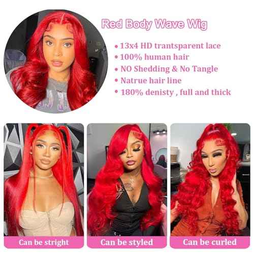 Red Lace Front Wigs Human Hair 13x4 HD Transparent Body Wave Human Hair Lace Front Wig Pre Plucked Red Colored Glueless Human Hair Lace Frontal Wigs for Women 16 Inch
