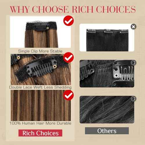 Rich Choices Real Human Hair Clip In Extensions-6 Pcs Single Clip Design-Invisible Clip in Extensions for Thin Hair-Hairpieces for Women/Men-22 Inches #2RP6 Chocolate Brown Highlight Light Brown