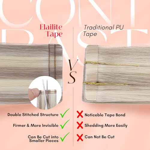 Elailite Tape in Hair Extensions Human Hair Thick Real Remy Hairpieces Ash Blonde & Bleach Blonde 22 Inch 50g 20pcs Straight Invisible Seamless Skin Weft Best Tape for Women