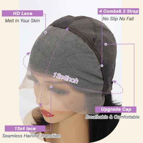 Beauty Queen 13x4 Lace Front Wigs Human Hair Straight 16 Inch Human Hair Wig Pre Plucked 220 Density HD Lace Frontal 16A Real Remy Human Short Hair Glueless Wigs for Women Natural Black Color