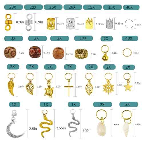 241 PCS Hair Jewelry for Braids and Locs - Metal Gold Silver Clips, Shells, Imitation Wood Beads, Charms, Adjustable Cuffs, Rings for Women and Girls
