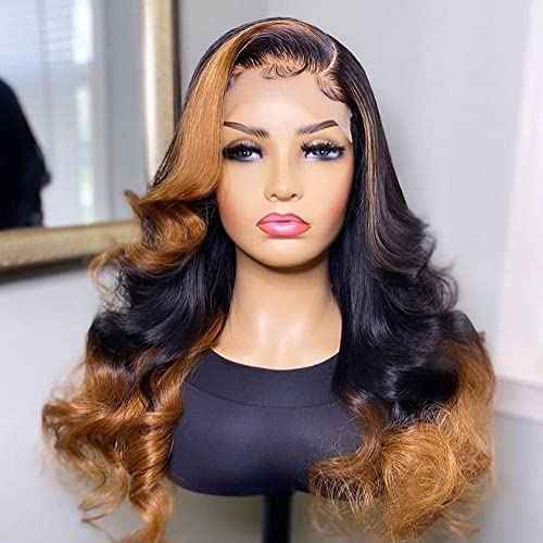 Body Wave Ombre Honey Blonde Highlights Human Hair Wig 13x4 Transprent HD Lace Frontal Wig Brazilian Human Hair Wigs Pre Plucked With Baby Hair 150% Density (18Inch)
