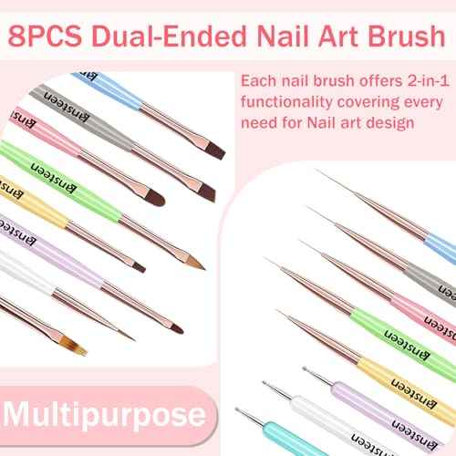 Nail Art Brushes Set, 8pcs Double-Ended Nail Design Brushes with Polish Brushes, Dotting Pen, Nail Liner Brush, Carved Brush, Extension Gel Brush, Painting Drawing Brush and Builder Brush