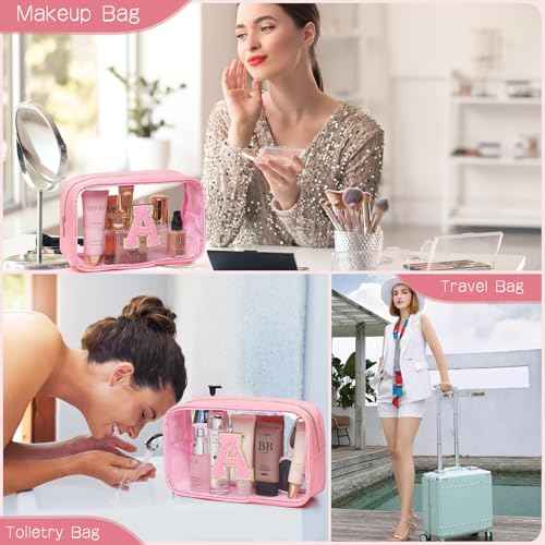 Initial Clear Makeup Bag Small Cosmetic Bag Travel Toiletry Bag Clear Zipper Pouch Purse Organizer Bags for Women (PINK-M, S)