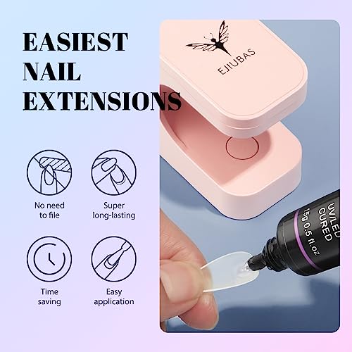 Ejiubas Gel Nail Kit - 300Pcs 15 Sizes Short Almond Nail Tips, 30ML Last Long Solid Gel with Portable Nail Lamp, Acrylic Nail Kit Gel Nail Extension Set Fake Nail Kit for Diy Home Manicure