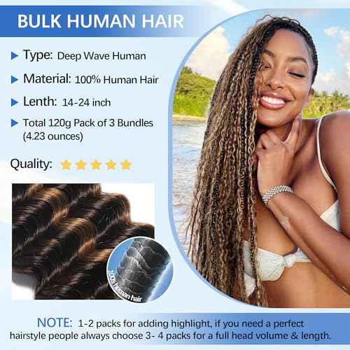 Human Braiding Hair for Boho Braids Human Hair Highlight No Weft Hair Extensions for Braiding Knotless 12A Deep Wave Bulk for Brazilian Virgin Ombre Balayage 3 Bundle£¨20Inch 120g£©