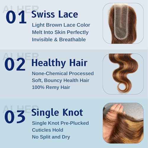 ALHER Long Deep Part 2x6 Closure Body Wave Honey Blonde Highlight, Ombre Brown and Blond 2x6 Kim K Transparent HD Lace Closure Pre Plucked With Baby Hair, #P4/27 Color Real Human Hair 12 Inch