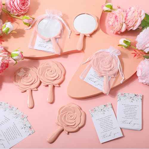 Wenqik 50 Sets Bridal Shower Favors Rose Compact Mirrors Bulk Wedding Favors for Guests Rose Compact Handheld Mirrors with Thank You Cards and Organza Bags Wedding Party Guests Souvenir Gifts (Pink)