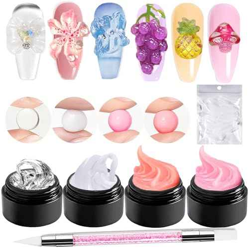 NAILGIL Solid Builder Gel For Nails 4 Colors, White Clear Nude Pink 3D Flower Nail Art Sculpture Extension Gel Non-Sticky Hand Sock Off UV LED Salon DIY at Home-60g/2.1oz