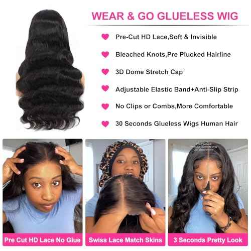 30 Inch Wear and Go Glueless Wigs Human Hair Pre Plukced Pre Cut 5x5 Hd Lace Closure Wigs Human Hair for Women 180% Density Ready to Wear Glueless Body Wave Lace Front Wigs No Glue Wigs