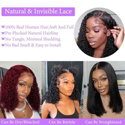 16 Inch Short Bob Wigs Deep Curly 200% Density Virgin Human Hair 13x6 Bob Wig Human Hair Pre Plucked with Baby Hair Transparent Lace Frontal Wig for Women Natural Hairline