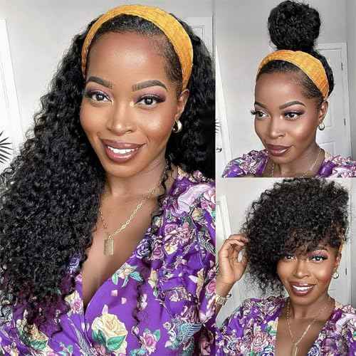 Curly Headband Wig Human Hair 24 Inch Glueless None Lace Front Deep Curly Wig Wear and Go Wigs for Black Women Machine Made Headband Half Wigs 180% Density Natural Color