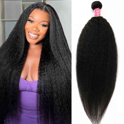 Yaki Straight Bundles Kinky Straight Bundles Human Hair 22 Inch 12A 100% Unprocessed Brazilian Virgin Human Hair Bundles for Black Women Natural Black Raw Remy Hair Extension 1 Bundle