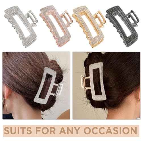3.5 Inch Square Metal Large Claw Clips, 4 Pack Rhinestones Hair Clamps for Women and Thinner,Thick hair styling,Strong Hold jaw clips