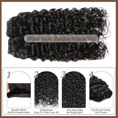 12A Water Wave Human Hair Bundles Wet And Wavy Bundles Human Hair 100% Unprocessed Brazilian Remy Water Wave Curly Bundle Extensions Natural Black Color 12 14 16 Inch
