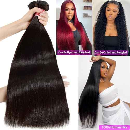 Human Hair Bundles Straight Bundles 26 28 30 Inch 12A Brazilian Virgin Weave Hair Bundles 100% Unprocessed Human Hair 3 Bundles 1B Natural Black Color Bundles Hair Extensions for Black Women