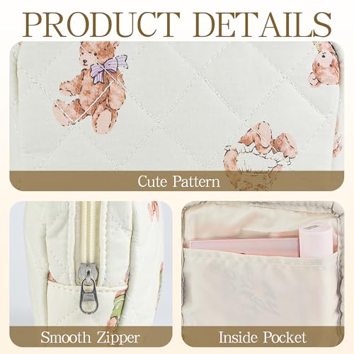 Small Floral Quilted Makeup Bag, Coquette Aesthetic Travel Toiletry Organizer for Women, Lightweight Cotton Cosmetic Pouch